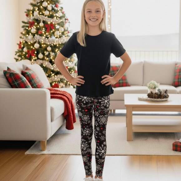 Small NEW Girls Christmas Snowflake Leggings Luxury Soft Yoga Pants - Picture 5 of 9